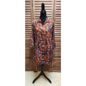 YCOO PARIS Psychedelic Shirt Dress Size Small S Rust Red Mix Smock Womens